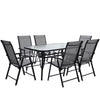 Garden Glass Table and 6 Foldable Chairs 150cm Rectangle Table Set Outdoor Black