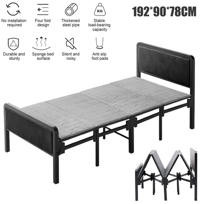4-Fold Single Guest Bed Padded Small Space Folding Bed Frame Headboard&Footboard