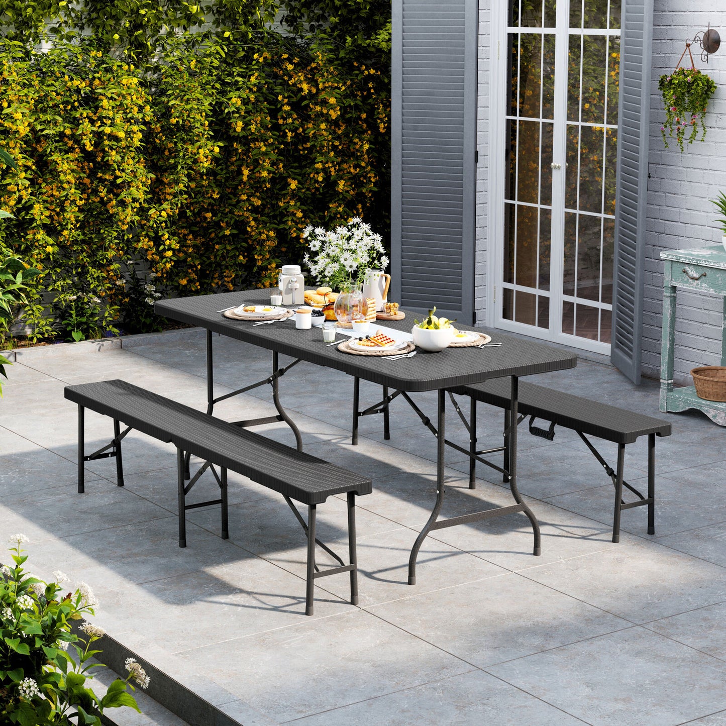 Rattan Garden Dining Table and Chairs Set Folding Camping BBQ Picnic Table Bench