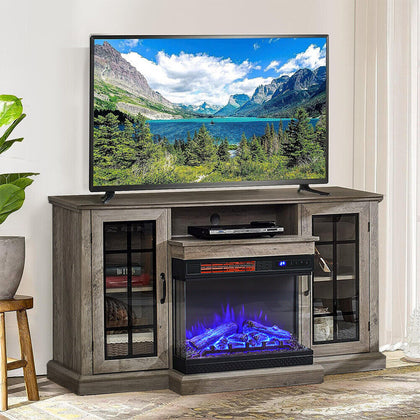 60in Grey Living Room TV Stand w/ Electric Fireplace Fire Log Stove Unit Cabinet