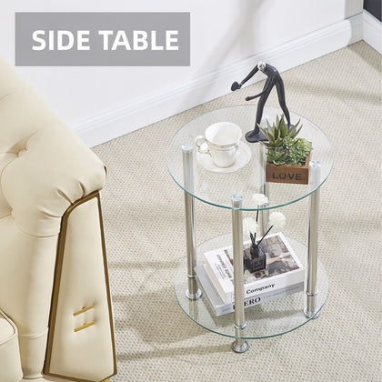 2 Tier Round Clear Tempered Glass Sofa Side End Table Bedside Table with Storage