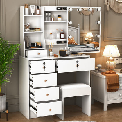 Modern Dressing Table Makeup Desk with Mirror 6-Drawer Stool Bedroom Vanity Set