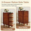 Solid Wood End Table, 3-Drawer Rattan Bedside with Exquisite Embossed Handles