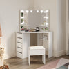 Corner Mirror Dressing Table with LED Lights White Makeup Desk 5 Drawers & Stool