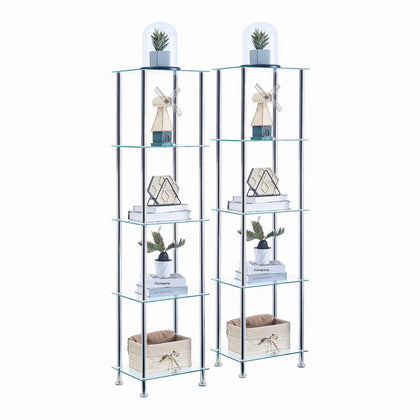 2pcs 5 Tier Clear Tempered Glass Side End Lamp Table Storage Shelf Bedside Table