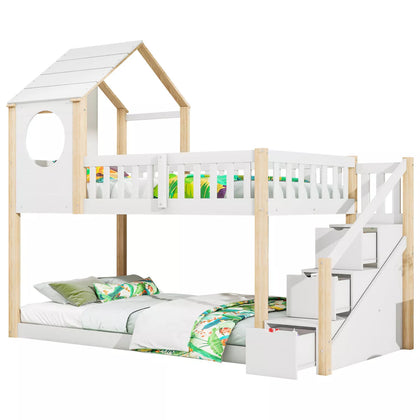 3FT Treehouse Bunk bed Cabin Bed Frame Mid-Sleeper with Storage Ladder 90x190 cm