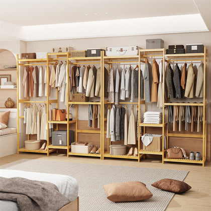 Large Bamboo Open Wardrobe Storage Shelves Clothes Rail Hanging Bar Ladder Rack