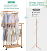 Rolling Bamboo Clothes Rail Garment Rack Long Dress Hanging Rod Side Pant Holder