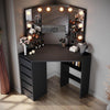 Corner Dressing Table Makeup Desk with LED Lights 3 Angle Mirror 5 Drawers Black