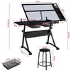 Glass Drafting Table Adjustable Desk, Tilting Drawing Table w/ Stool 2 Drawers