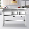 Stainless Steel Sink Double Bowls Kitchen Wash Basin w/ Left Platform Work Table