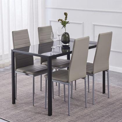 4x Grey Faux Leather Padded Seat Dining Chairs&Black Tempered Glass Dining Table