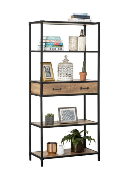 5 Tier Bookshelf With Drawers - Mid Oak Finish With Matt Black Metal 1740mm H