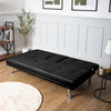 Sofa Bed 2 Seater Black Faux Leather Click Clack Cup Holders Comfy Guest Bed
