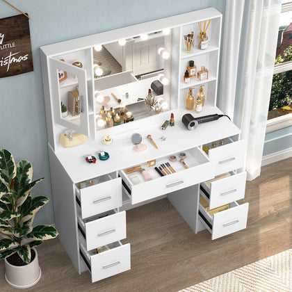 Modern Dressing Table Set with LED Mirror and 7 Drawers Wood Makeup Desk White