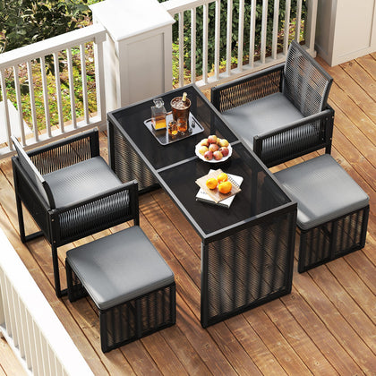 5 Pieces Patio Dining Set with Ottomans-Gray