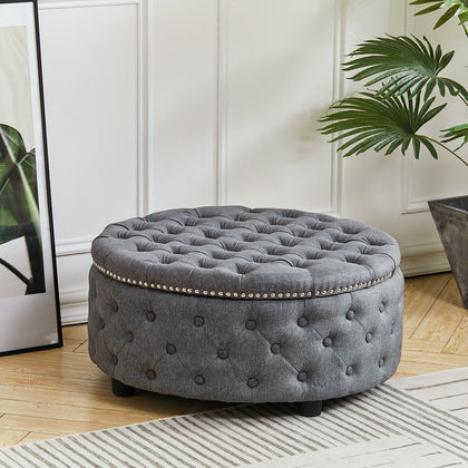 Large Round Fabric Linen Chesterfield Footstool Pouffe Ottoman Coffee Table UK