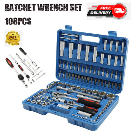 108PCS Mechanics Tool Set Kit 6-Point Socket Ratchet Wrench Repair Toolset Case