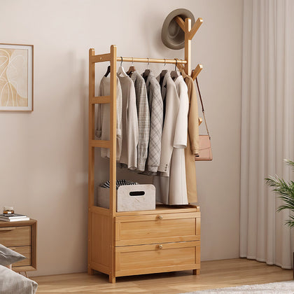2 Drawers Heavy Duty Bamboo Clothes Rack Garment Hanging Rail Stand Wardrobe UK