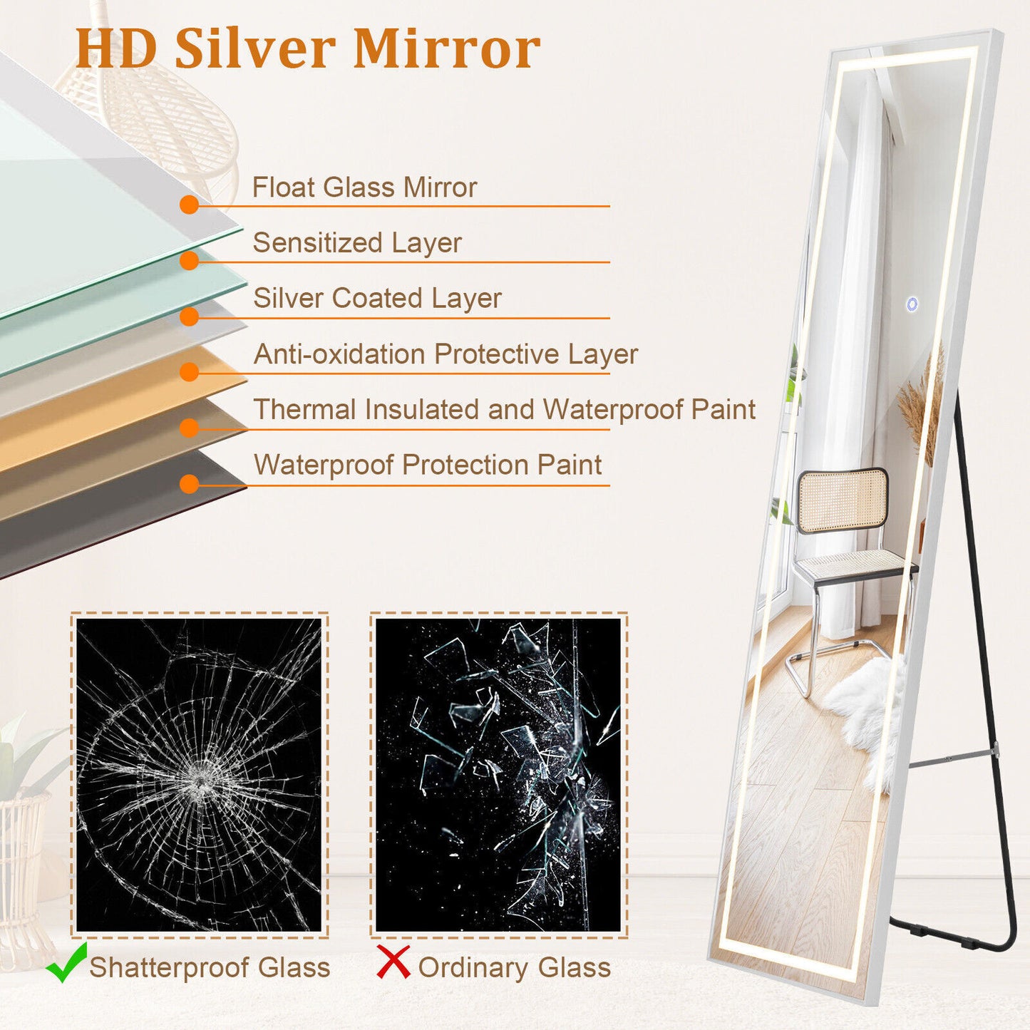 Full Length Mirror Bedroom LED Lighted Full Body Mirror with Lights and Stand