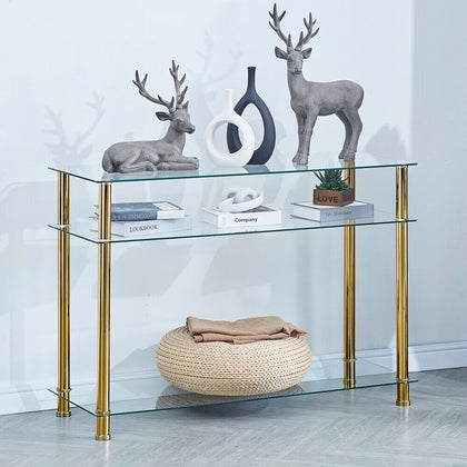 3 Tier Clear Tempered Glass Console Table Storage Shelf Golden Tubes Living Room