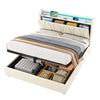 OTTOMAN STORAGE BED FRAME 4FT6 DOUBLE WITH STORAGE HEADBOARD & LED LIGHTS BEIGE