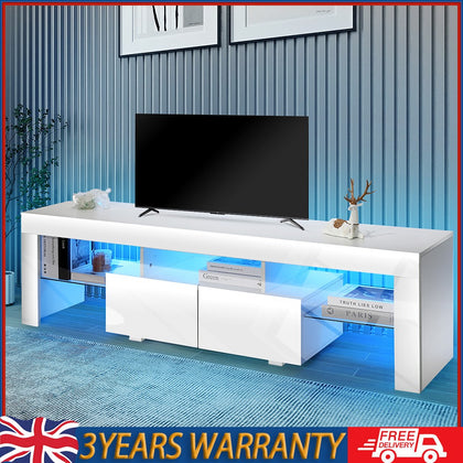 160cm White High Gloss TV Stand Cabinet Unit with RGB LED 2 Storage Doors