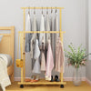 Rolling Bamboo Clothes Rail Garment Rack Long Dress Hanging Rod Side Pant Holder