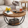 2-Tier Round Coffee Table with Storage Shelves, Industrial Wooden Center Table