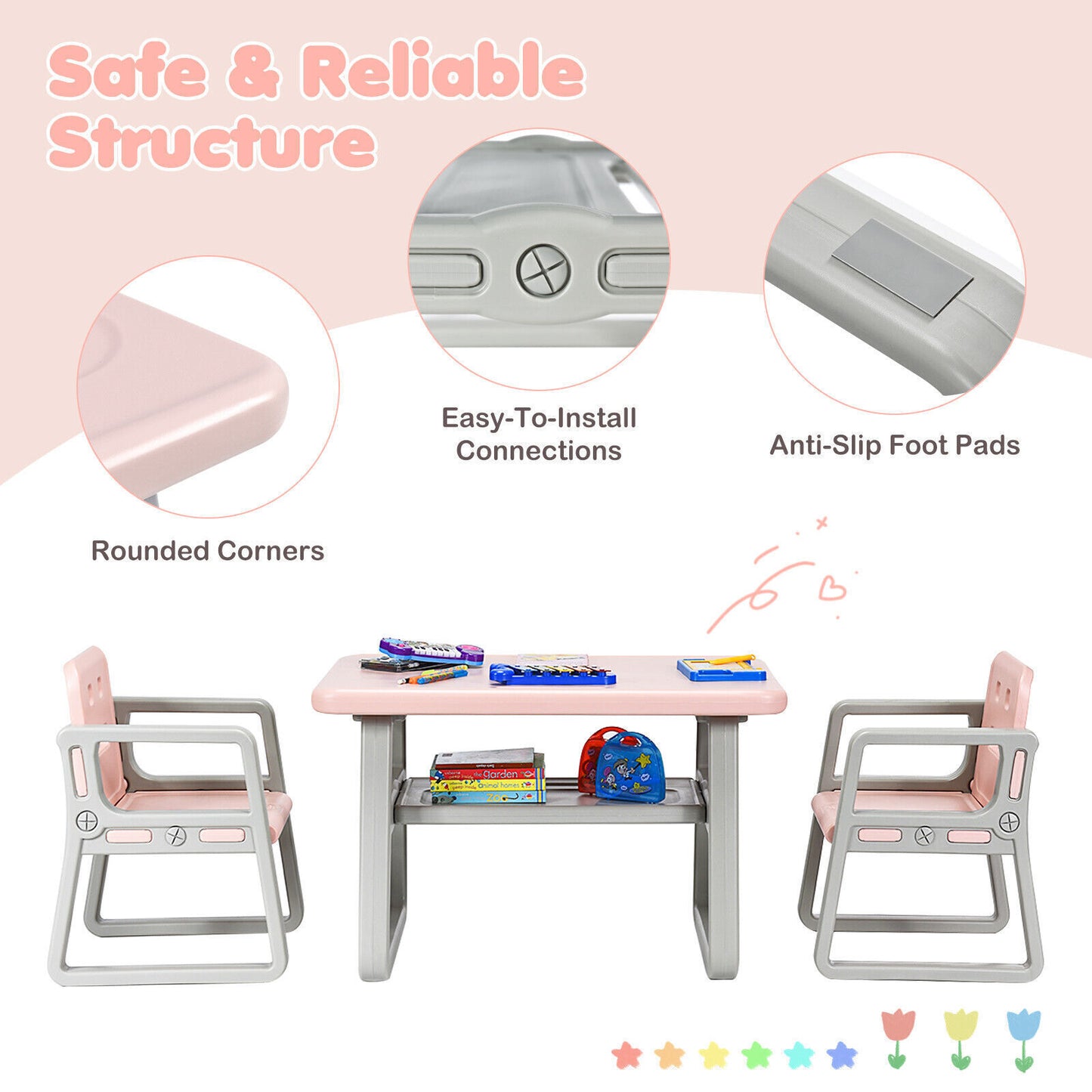 Children Table and 2 Chairs Set Toddlers Learning Activity Play Desk w/Storage
