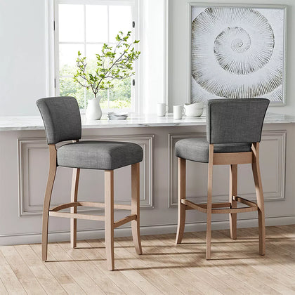 2x Breakfast High Bar Home Kitchen Pub Stools Chair Linen Seat Padded Wooden Leg
