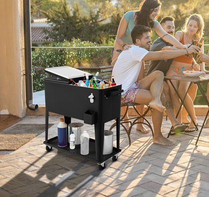 76L Outdoor Ice Chest Portable Rolling Cooler Patio Party Drink Cooler Cart Dark
