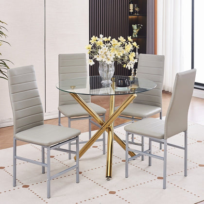 4x Grey Faux Leather Dining Chairs & Round Clear Glass Dining Table Golden Legs