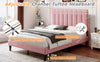 Double Bed Frame, Velvet Upholstered Platform Bed with Channel Tufted Headboard