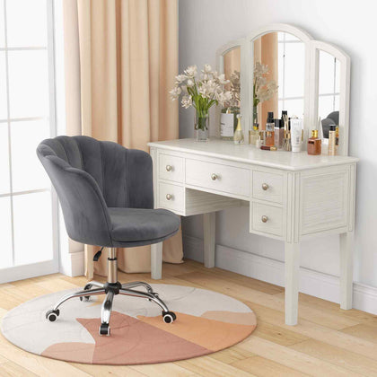 Adjustable Vanity Chair Upholstered Velvet Arm Chair with Wheels-Grey