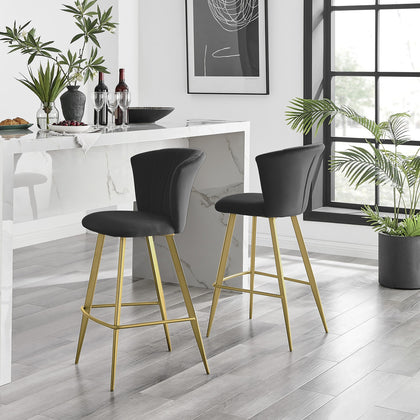 **Seconds** 2x Juniper Black Padded Velvet Bar Stools With Fluted Backrest & Go
