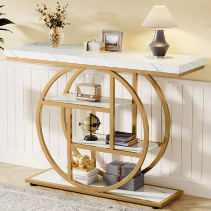 Modern Gold Console Table with Marble Effect Top – Luxury Hallway Side Table