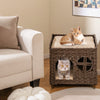 Foldable Wicker Kitten Condo 2-tier Rattan Cat House w/ Elevated Perch