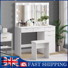 Dressing Table LED Lights Mirror Stool Drawers Vanity Makeup Desk Set White NEW