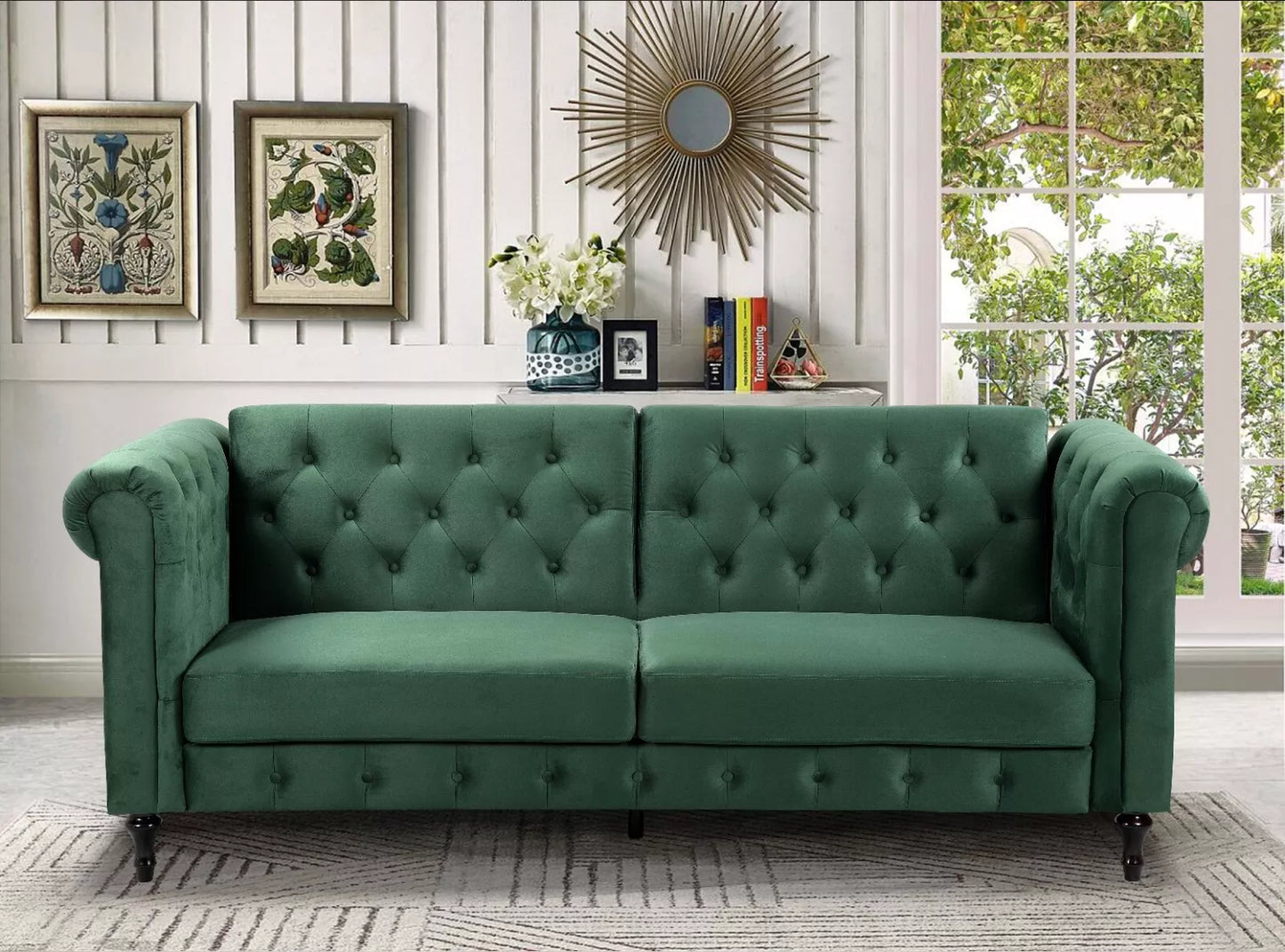 Sofa Bed Velvet Chesterfield 3 Seater Style Green Blue Grey Sofabed Button Back