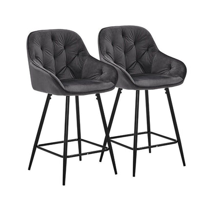 2x Grey Velvet Bar Stools with Foot rest Tufted stitching Seat Chairs
