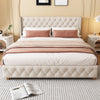 Upholstered Bed Frame Double Bed with Button Tufted Headboard & Wing Side Beige
