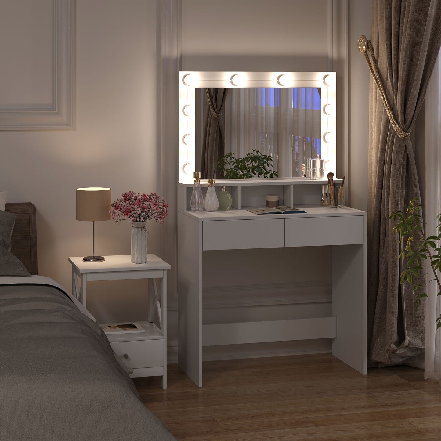 Dressing Table Vanity Makeup Desk with LED Mirror Adjustable Lights 2 Drawers