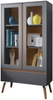 Display Cabinet Glass Door Wooden Storage Shelves Drawer Grey Modern