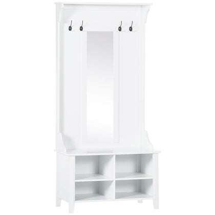 White Hallway Coat Rack Organizer Shoe Bench with Storage Cabinet with 4 Hooks