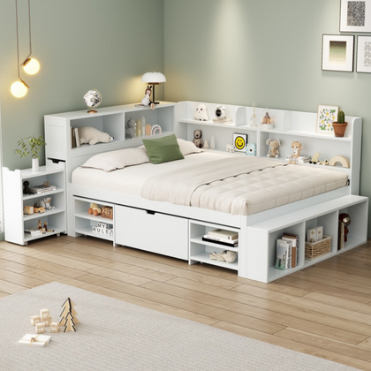 4ft6 Double Wooden Storage Bed Frame With Drawer and Cabinets for Kids Teenagers