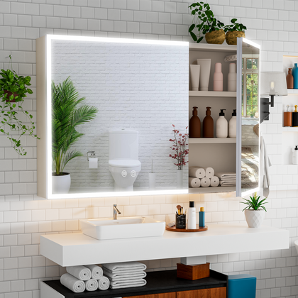 Modern Bathroom Mirror Cabinet With LED Lights 5 Shelves Anti-Fog Touch Switch