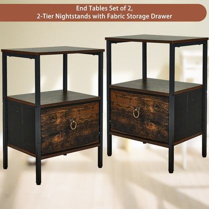 2 PCS End Table Bedside Nightstand Desk Storage Cabinet with Shelf &Drawer Brown