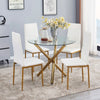 4pcs White Faux Leather Dining Chairs & Round Glass Dining Table Golden Legs Set