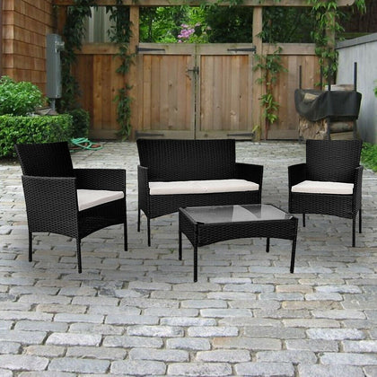 4 Piece Black Rattan Garden Furniture Set Chairs Table Sofa Wicker Outdoor Patio